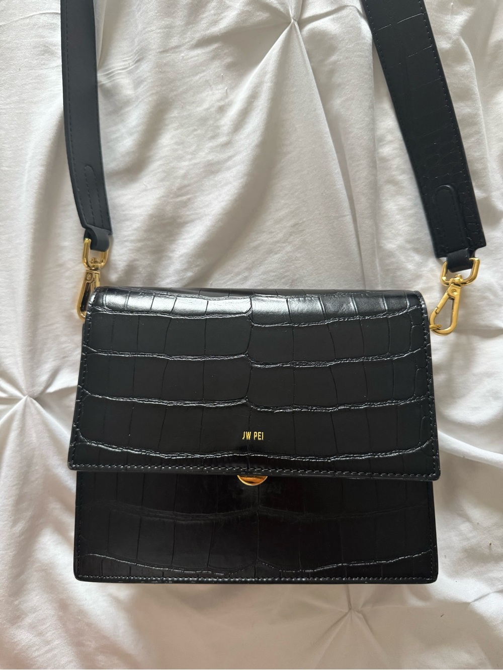 JW PEI Black Croc-Embossed Crossbody Bag with Gold Hardware